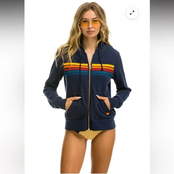 Aviator Nation 5 Stripe Zip Up Hoodie in Charcoal rainbow S - Picture 3 of 6